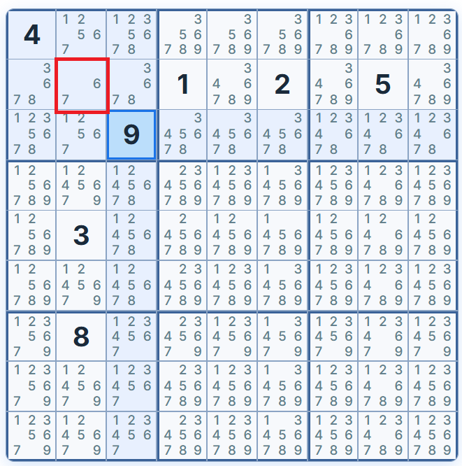 Sudoku pencil marks worked example showing candidates eliminated by row, column and box