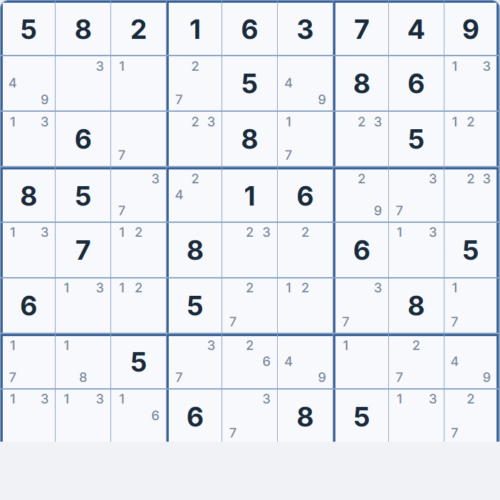 Grid after Remote Pairs &mdash; 5 candidates eliminated, three naked singles revealed