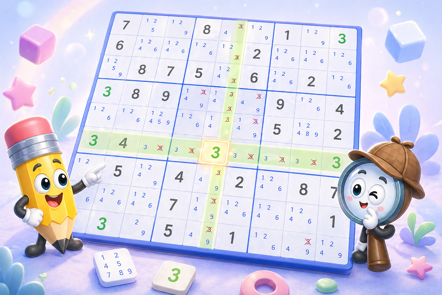 Esempio di cross-hatching Sudoku per principianti con righe e colonne bloccate