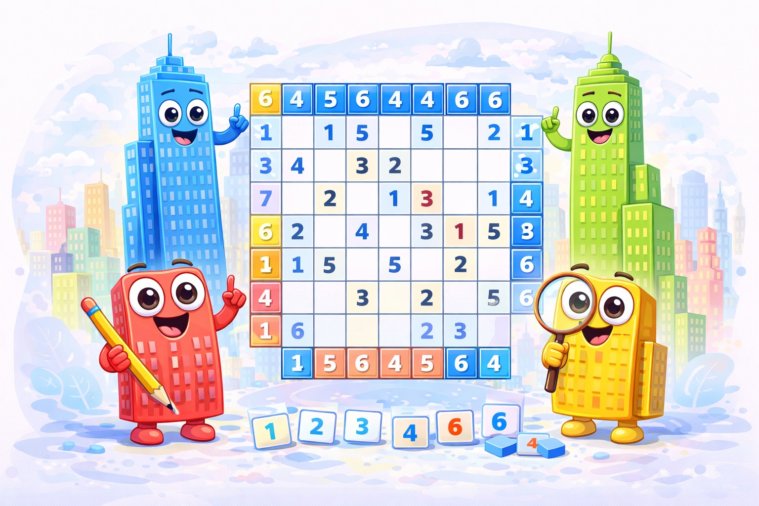 Skyscraper Sudoku grid with visibility clues around the edges