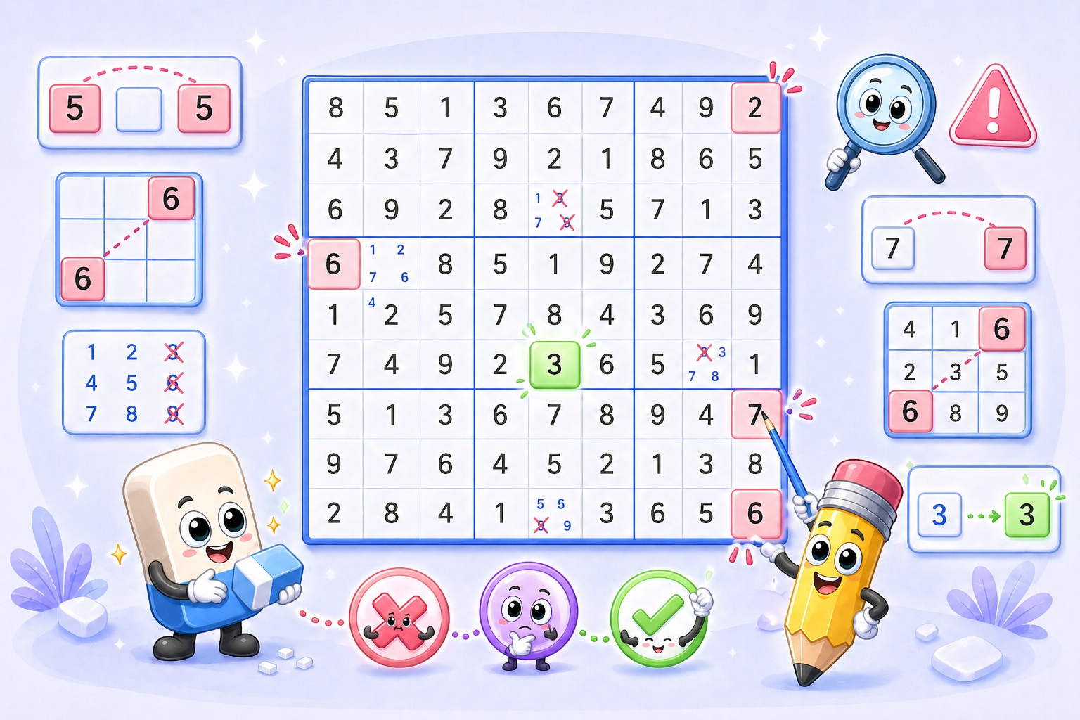 Sudoku-Fehler-Leitfaden mit einem Gitter, markierten Fehlern und korrigierten Notizen