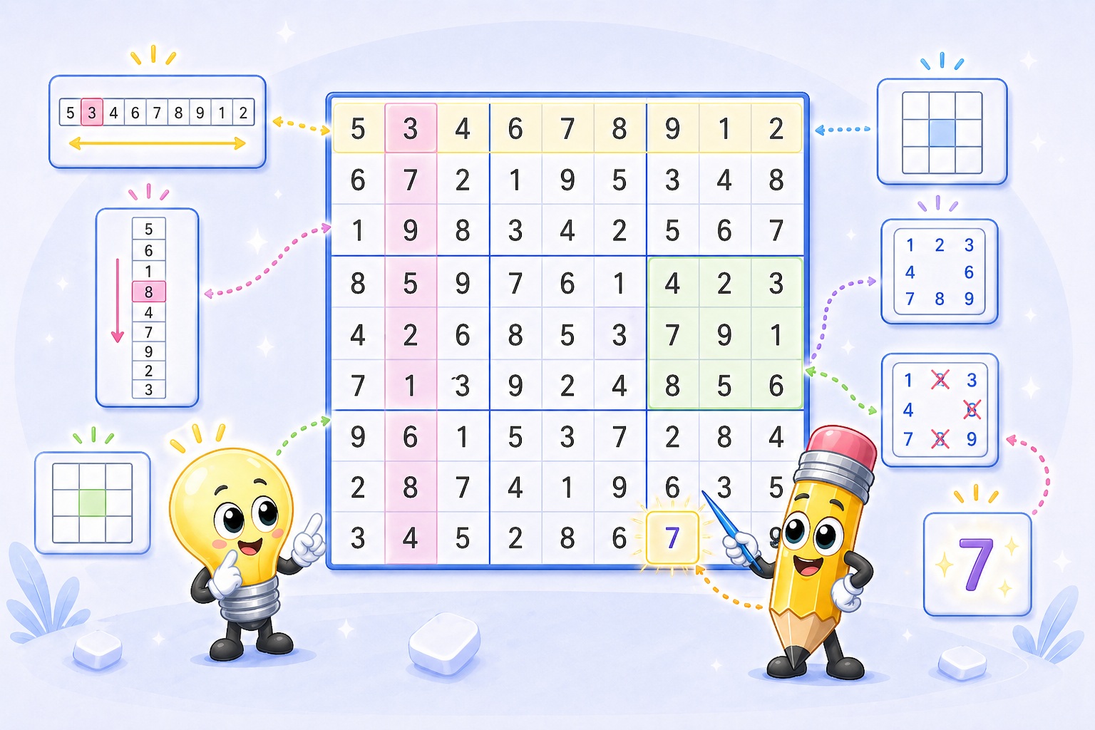 Sudoku-Strategien fuer Anfaenger &mdash; annotiertes leichtes Raetsel mit Loesungsschritten