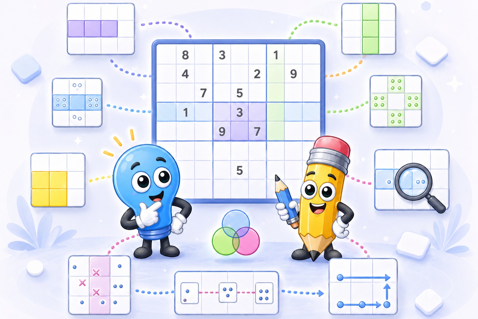 Sudoku-Techniken &mdash; beschriftetes Rätselgitter mit Strategiebezeichnungen