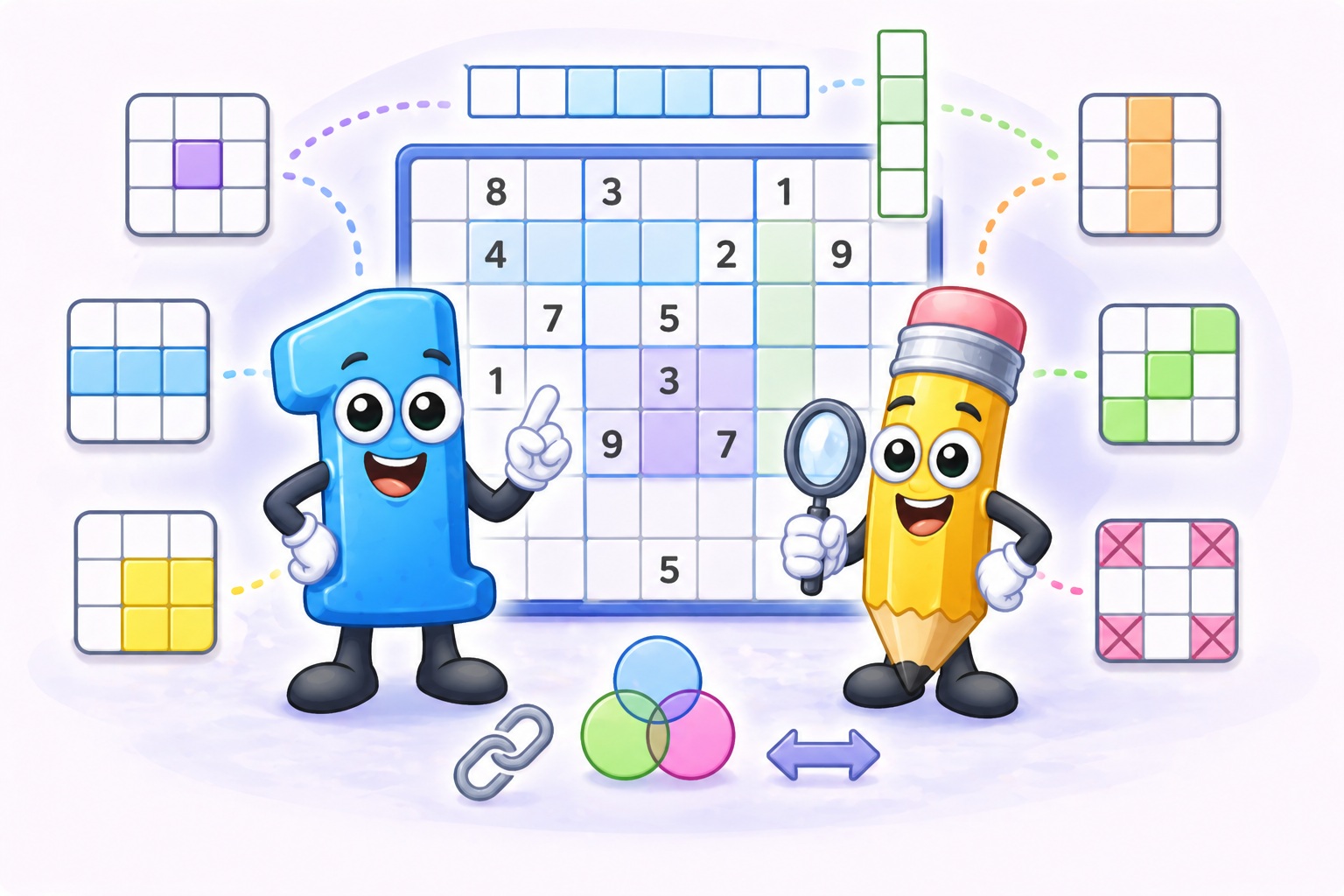 Sudoku-Begriffe-Glossar &mdash; beschriftetes Sudoku-Gitter mit Fachw&ouml;rtern