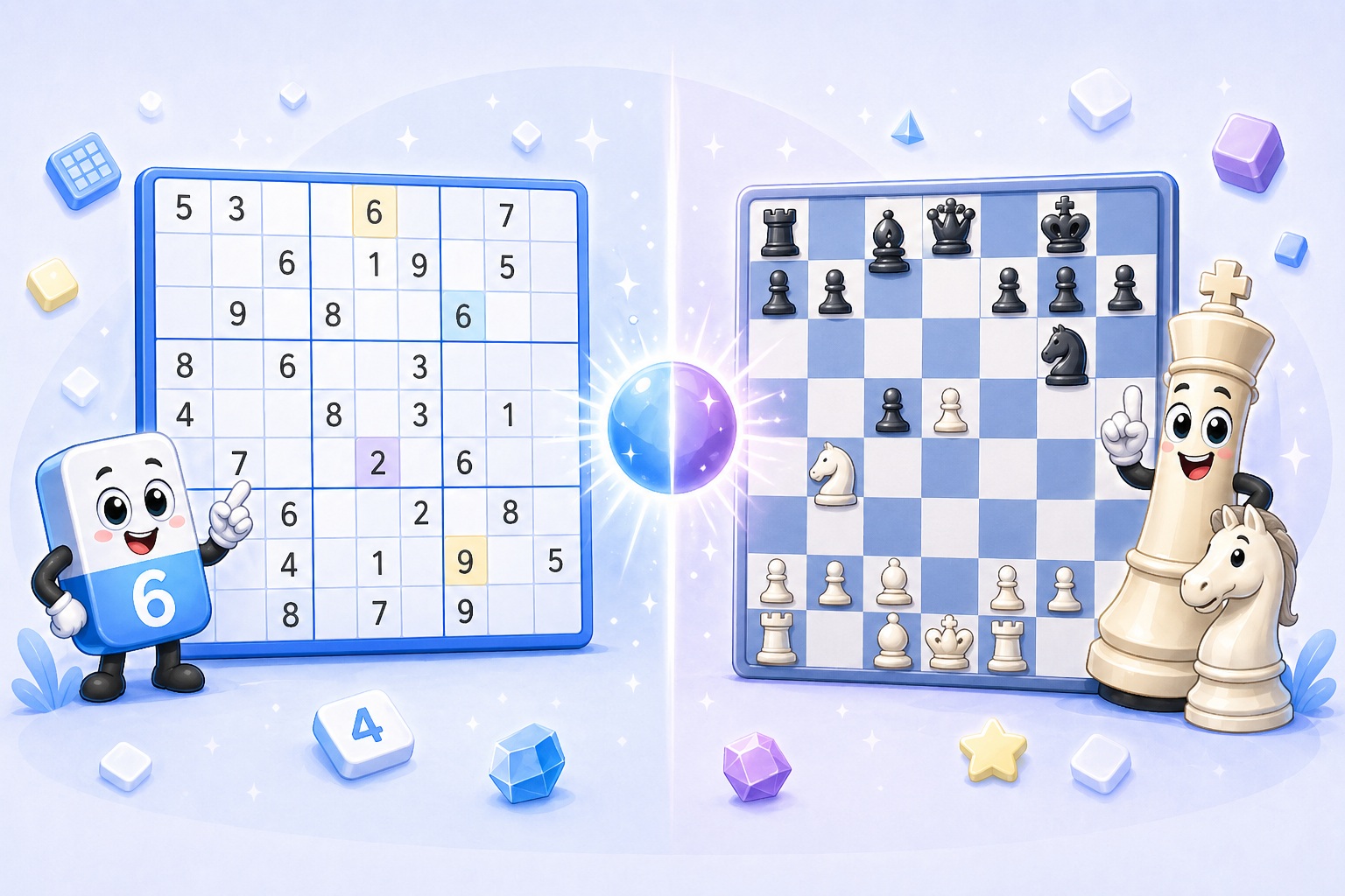 Sudoku-vs-Schach-Vergleich mit Sudoku-Gitter neben einem Schachbrett
