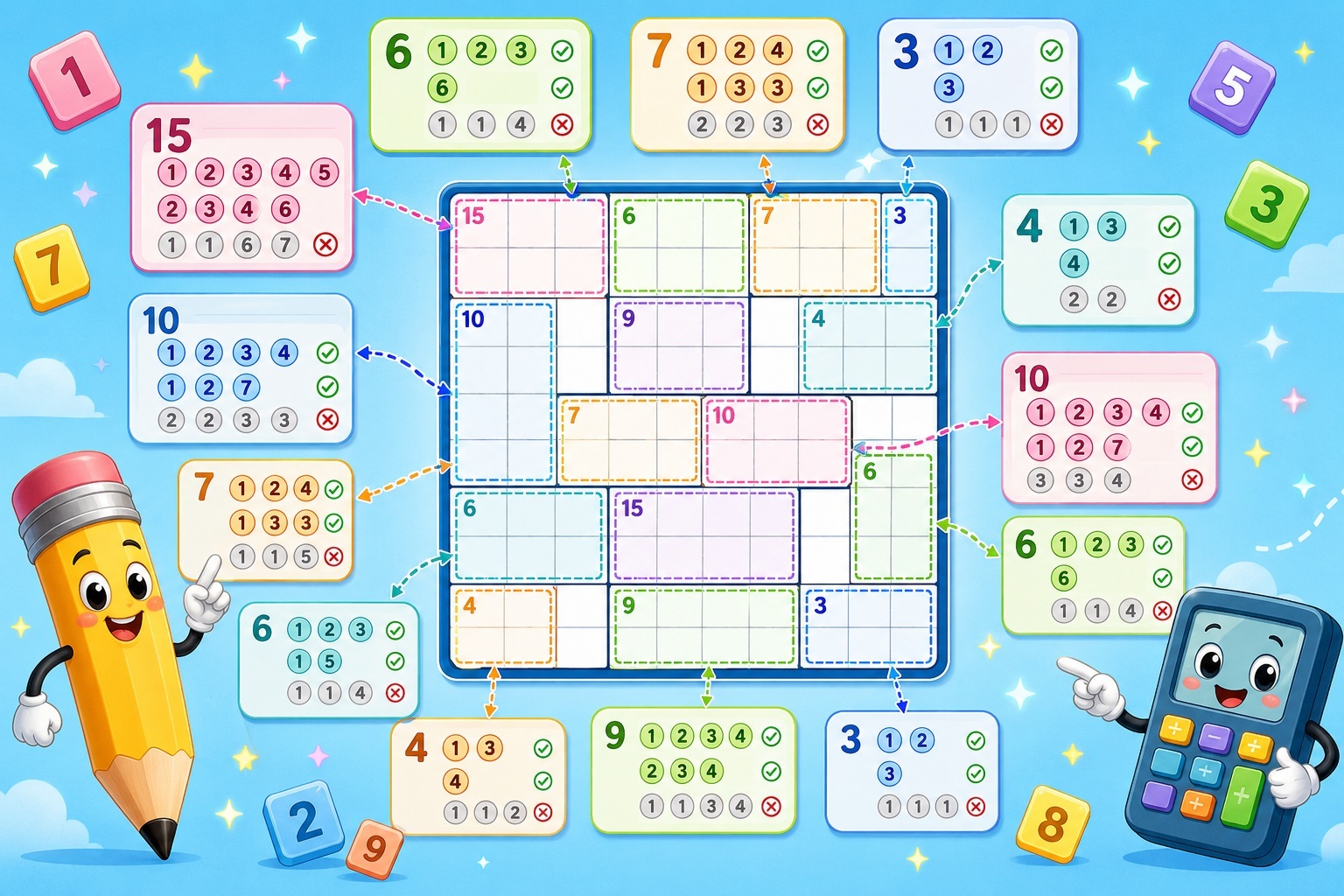 Guide des combinaisons Killer Sudoku avec sommes de cages, tableaux et notes candidates