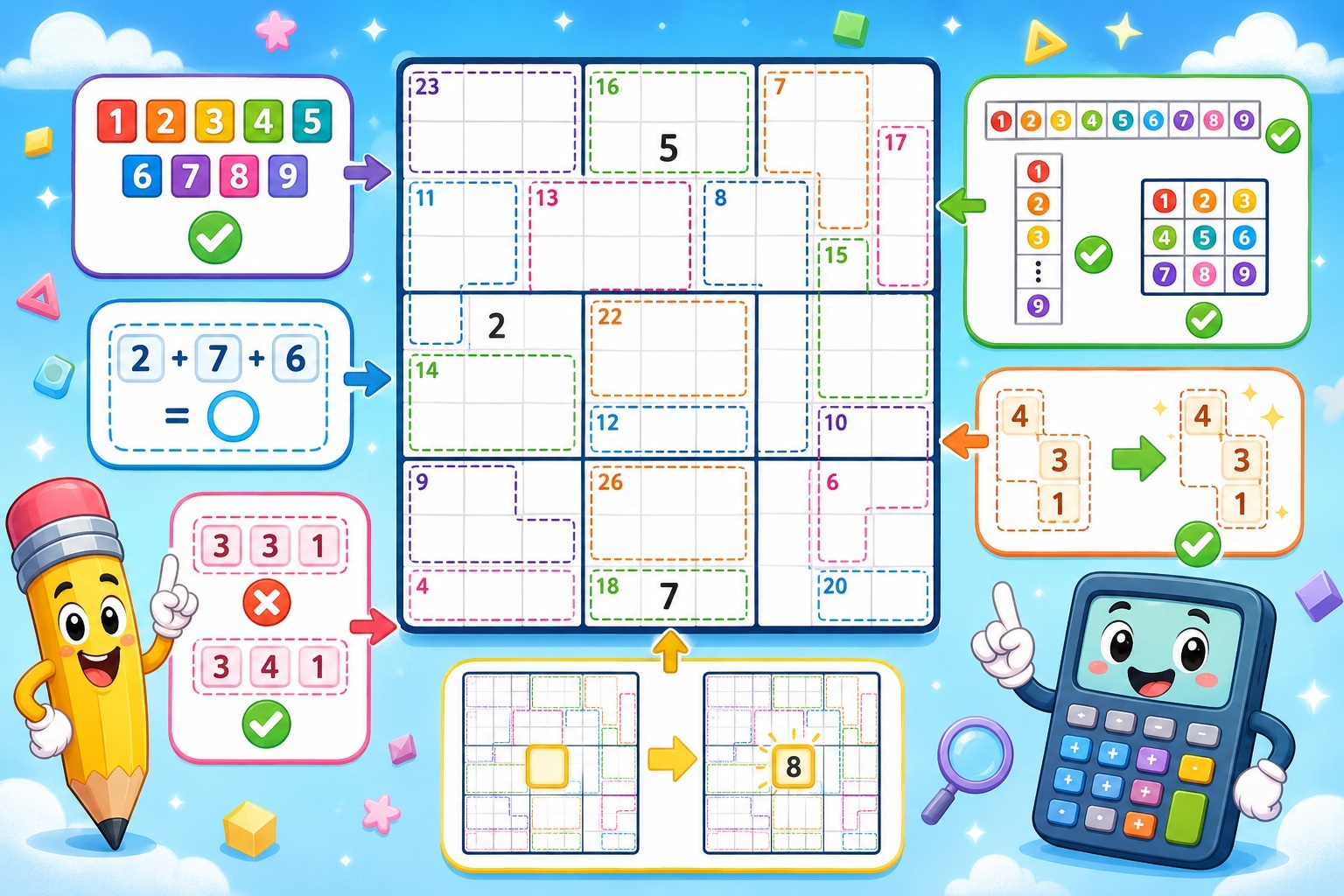 Gu&iacute;a de reglas de Killer Sudoku con jaulas, sumas y ejemplos